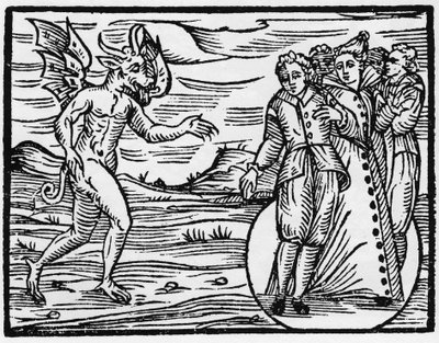 Ďábel zavazuje ty, kteří ho přiměli, aby s ním uzavřeli smlouvu - „Compendium Maleficarum“, pojednává o čarodějnicích, jejich zlu a jejich třídění od Francesca Maria Guazza nebo Guacca nebo Guaccia (15?? -16??) Soukromá sbírka 1608 od Anonymous Anonymous
