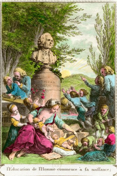 Výchova člověka začíná jeho narozením: matky s dětmi, vedle busty na poctu švýcarskému filozofovi Jeanu Jacquesovi Rousseauovi (1712-1778). Rytina soukromé sbírky 18. století od Anonymous Anonymous