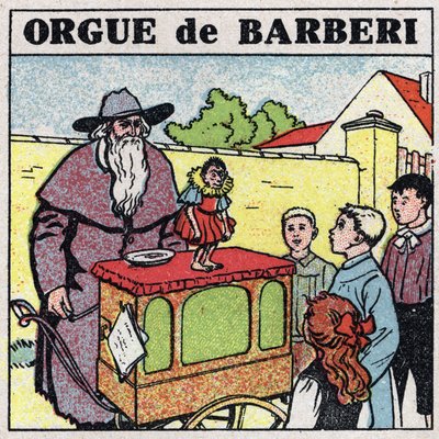 Účinky hudby: pichlavý varhanář a opice baví děti na ulici. Anonymní ilustrace z roku 1925. Soukromá sbírka. od Anonymous Anonymous