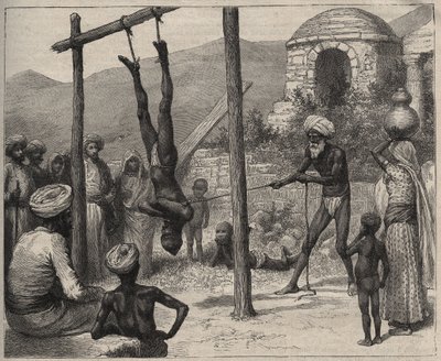Fakír v Indii - Fakír (Faquir) v Indii - v byl zavěšen za nohy na dřevěné tyči - rytina z roku 1892 v „Journal des voyages““. od Anonymous Anonymous