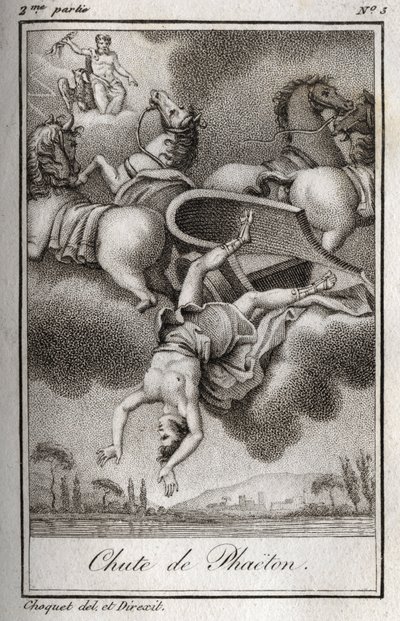 Pád Phaeton Phaeton (Phaethon), neschopný ovládat tank Helios, byl zasažen Zeusem a spadl do řeky Eridan. Rytina z roku 1819 v „Lettres a Emilie sur la mythologie“ od Charlese Alberta Demoustiera (1760-1801). Soukromá sbírka. od Anonymous Anonymous