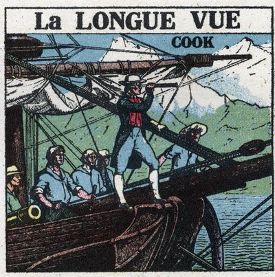 První optické přístroje: Kapitán James Cook (1728-1779) na přídi svého člunu pozoruje jižní země z dlouhého pohledu. Anonymní ilustrace z roku 1925. Soukromá sbírka. od Anonymous Anonymous