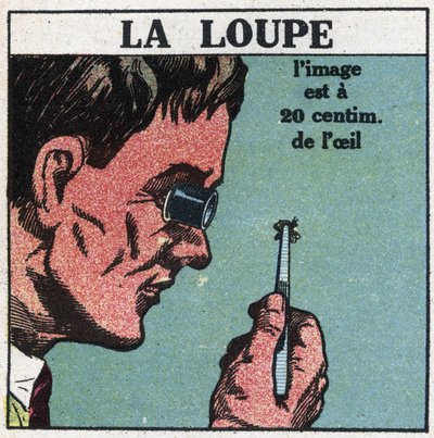 První optické přístroje: lupa. Anonymní ilustrace z roku 1925. Soukromá sbírka. od Anonymous Anonymous