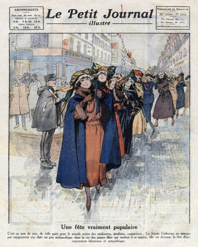 Cesta kateřinek, mladých celibatarských dívek s tradičními klobouky, v ulicích Paříže. Ilustrace převzata z „Le petit journal illustrious“ z 4.12.1921. Soukromá sbírka od Anonymous Anonymous