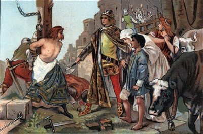 Soudce Baudouina VII (1092-1119), hrabě z Flander řekl sekere. Reklamní chromolitografie čokolád Antoine v Bruselu, počátek 20. století. Soukromá sbírka od Anonymous Anonymous