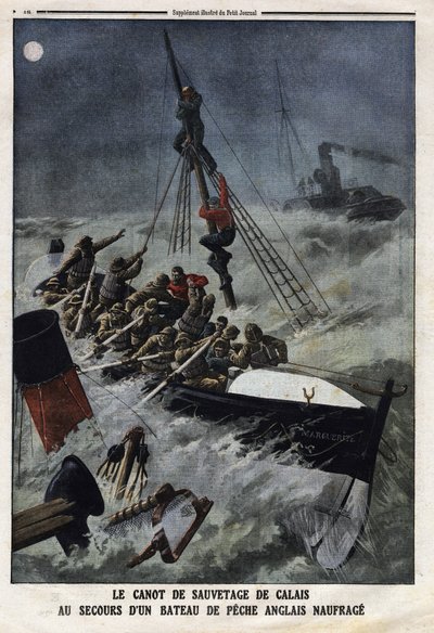 Záchranný člun z Calais k záchraně potápějící se anglické rybářské lodi. Rytina v „“Le Petite Journal““, dne 11.02.1912. Soukromá sbírka. od Anonymous Anonymous