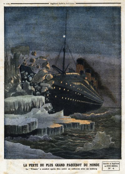 „“ Ztráta největšího parníku na světě: „Titanic““ se po srážce s ledovcem setměla, rytina v „“ Le Petit Journal“ dne 28. 4. 1912 od Anonymous Anonymous