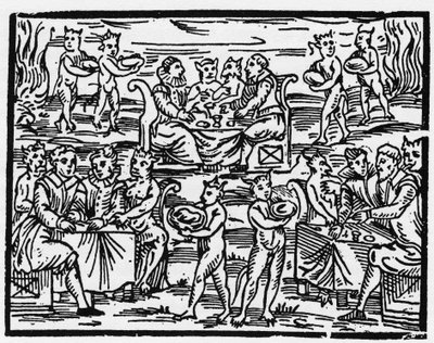 Jídlo čarodějnic o sabatu - „Compendium Maleficarum“, pojednává o čarodějnicích, jejich zlu a jejich třídění Francesco Maria Guazzo nebo Guaccio nebo Guaccius (15?? -16??) Soukromá sbírka 1608 od Anonymous Anonymous