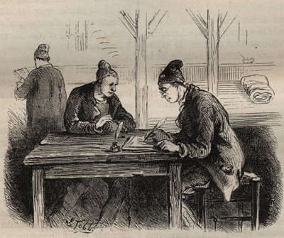 Veřejný spisovatel v Toulon Bagne v 19. století. Rytina do „Historie trestanců od jejich vzniku až po současnost“ (1877) od Pierra Zacconeho (1817-1895) (Colonia Penale - Trestná kolonie). Soukromá sbírka. od Anonymous Anonymous