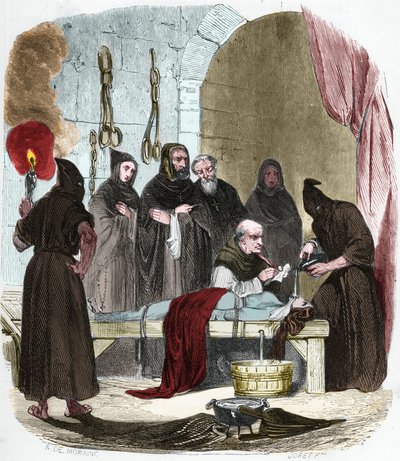 Otázka vody: Pedro (Pierre) de Arbues (1441/1442 - 1485) na mučení vyslýchá mladou ženu, která údajně přiměla svou sestru k luteránství. Svažte provázky, voda se nalije do látky, která se zatlačí na dno hrdla. od Anonymous Anonymous