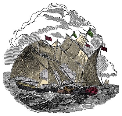 Loď piráta Henry Every (John Avery, Long Ben, Benjamin Bridgeman) (? -1695) zaútočila v září 1695 na flotilu velkého Mughala Aurangzeba Aurangzeba (Alamgir) u Surate, Indie Rytina z „The Pirates Own Book“ od Charles Ellms od Anonymous Anonymous