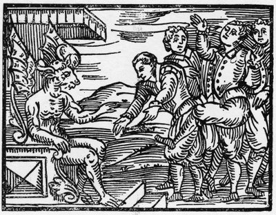 Čarodějové vzdávají hold ďáblovi - „Compendium Maleficarum“, pojednává o čarodějnicích, jejich zlu a jejich údělech od Francesca Maria Guazzo nebo Guaccio nebo Guaccius (15??? -16??) Soukromá sbírka 1608 od Anonymous Anonymous