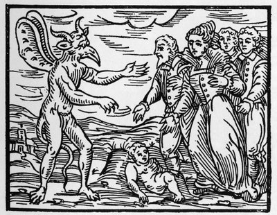 Čarodějové předkládající dítě ďáblovi - „“ Compendium Maleficarum “, pojednává o čarodějnicích, jejich zlu a jejich údělech od Francesca Maria Guazza nebo Guacca nebo Guaccius (15?? -16??) Soukromá sbírka 1608 od Anonymous Anonymous