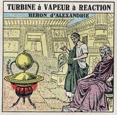 Parní stroj: reakční parní turbína. Eolipyle vynalezený řeckým Heronem Alexandrijským (nebo Heronem Starším) v 1. století našeho letopočtu. Anonymní ilustrace z roku 1925. Soukromá sbírka. od Anonymous Anonymous