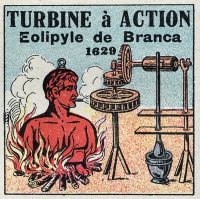 Parní stroj: turbína funguje. Eolipyle vynalezl Giovanni Branca (1571-1645) v roce 1629. Anonymní ilustrace z roku 1925. Soukromá sbírka. od Anonymous Anonymous
