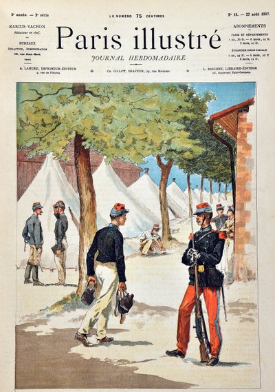 Studenti školy Saint-Cyr (Saint Cyr) v táboře Chalons. Rytina z roku 1887 v týdeníku Paris-Illustrous journal. od Anonymous Anonymous