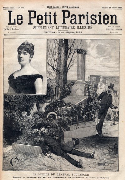 Sebevražda generála Georgese Boulangera (1837-1891) na hřbitově v Ixelles v Belgii před hrobkou madame Bonnemains. Rytina „Le petit Parisien““ z roku 1891. Soukromá sbírka. od Anonymous Anonymous