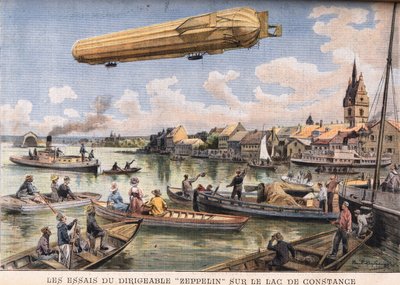 Testy vzducholodě Zeppelin na Bodamském jezeře v Německu. Rytina z novin "" Le Peute Parisien ", 2.8.1908. Soukromá sbírka. od Anonymous Anonymous