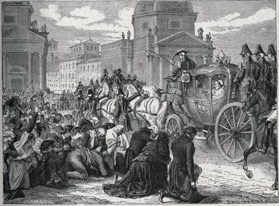Triumfální vstup papeže Pia VII. (Pio) (1742-1823) v Římě (Roma) dne 24. května 1814. Rytina 19. století. Soukromá sbírka. od Anonymous Anonymous