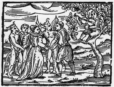 Čarodějnice o sabatu tančící za zvuku houslí - „Compendium Maleficarum“, pojednává o čarodějnicích, jejich zlu a jejich údělech od Francesca Maria Guazzo nebo Guaccia nebo Guaccius (15?? -16??) Soukromá sbírka 1608 od Anonymous Anonymous