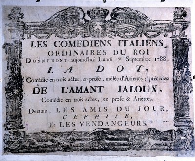 Divadelní plakát představující dílo „The dot“ a „The žárlivý milenec““ v podání italských komiků, 01.09.1788. Paříž. Muzeum karnevalu od Anonymous Anonymous