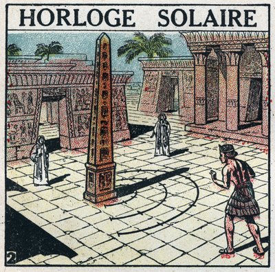 Čas: sluneční hodiny (sluneční hodiny) používané ve starověkém Egyptě. Anonymní ilustrace z roku 1925. Soukromá sbírka. od Anonymous Anonymous