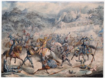 Tournoi (Moyenův věk) - Turnaj jízdních rytířů - Anonym - 1840 - Barevná litografie - 20,3x30,5 - Soukromá sbírka od Anonymous Anonymous