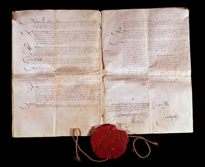 Smlouva z Cateau Cambresis (Cateau-Cambresis) mezi Jindřichem II. (1519-1589) a Filipem II. Španělským dne 3. 4. 1559. Francie vrací svá italská území Španělsku. Tento obchod ukončil italské války. Paříž, Národní archiv od Anonymous Anonymous