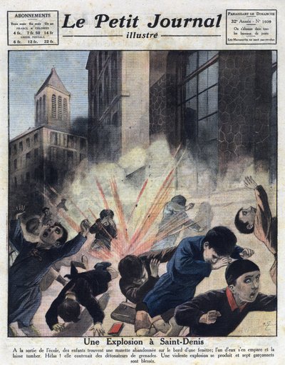 Různá fakta: exploze vyvolaná rozbuškami granátů v opuštěném musette hraném s dětmi po odchodu ze školy v Saint Denis. Ilustrace převzata z „“Le petit journal illustrious““ z 23. 10. 1921. Soukromá sbírka od Anonymous Anonymous
