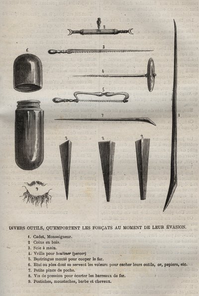 Různé nástroje, které mají forcats při útěku. Rytina do „Historie věznic od jejich vzniku po současnost““ (1877) od Pierra Zacconeho (1817-1895) (Colonia Penale - Trestná kolonie) od Anonymous Anonymous
