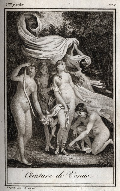 Venušin pás: Zatímco bitva pokračuje ve prospěch Trojanů, Junon používá Venušin pás k okouzlení Jupitera a spánek, aby ho uspal. Rytina z roku 1819 v „Lettres a Emilie sur la mythologie“ od Charlese Alberta Demoustiera (1760-1801). Soukromá sbírka od Anonymous Anonymous