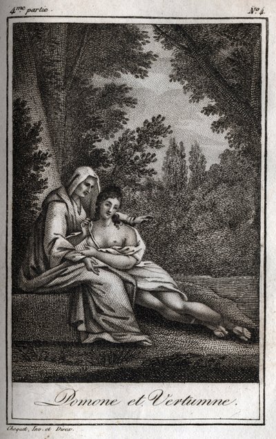Vertumne a Pomone (Jupiter a Ceres): Vertumne, zamilovaná do nymfy Pomone, se přestrojí za starou ženu, aby se k ní přiblížila. Rytina z roku 1819 v „Lettres a Emilie sur la mythologie“ od Charlese Alberta Demoustiera (1760-1801). Soukromá sbírka. od Anonymous Anonymous