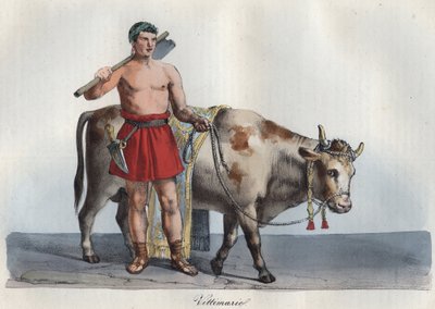 Victimaries - obetitarius (obchodník se zvířaty určenými k obětování) (Ten, kdo zadržel oběť a udeřil oběti), rytina z „“ Use and Customs of All Peoples of the Universe. To je historie vlády, zákonů, milice, d od Anonymous Anonymous