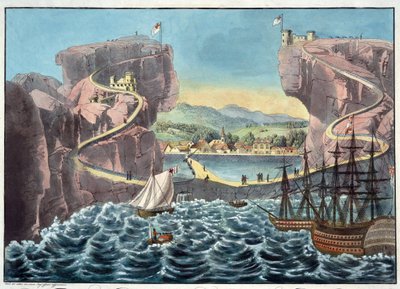 Pohled na ostrov Svatá Helena ze strany přistávacího místa u Fort James - Anonym - 1815 - Akvatinta - 46,7x54,5 - Soukromá sbírka od Anonymous Anonymous