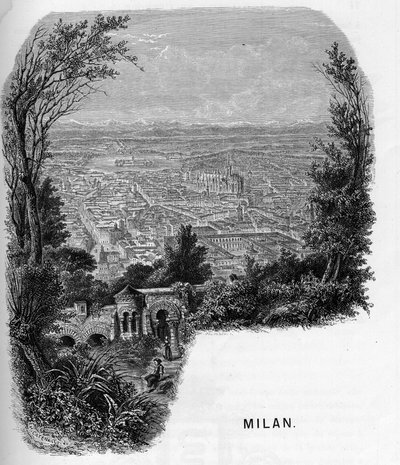 Pohled na město Milán (Milano), Itálie. Rytina z roku 1859 v „”les galeries de l