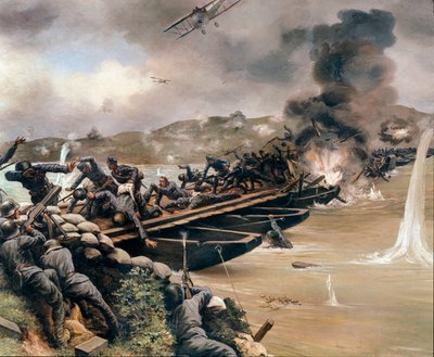 WWI: Bitva u řeky Piave nebo bitva o slunovrat nebo bitva uprostřed června, v červnu 1918 (malba) od Anonymous Anonymous