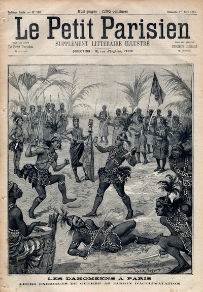 Válečná cvičení: Amazonky, bojovníci a feticheurs dahomeens (nyní Benin) ze zahrady aklimatizace v Paříži (Lidská zoo). Rytina „Le petit Parisien““ z roku 1891. Soukromá sbírka. od Anonymous Anonymous