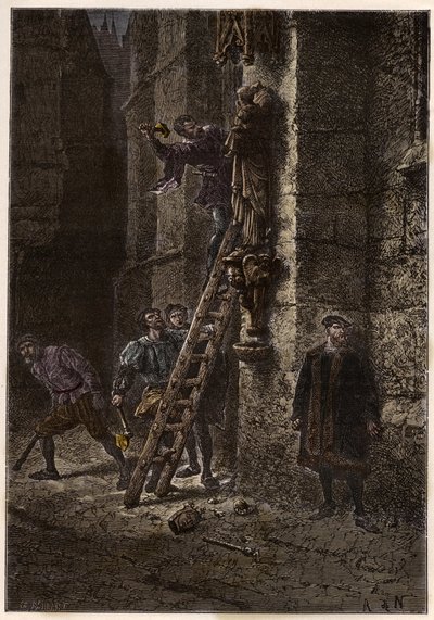 Válka náboženství - Obrazoborectví - Ničení posvátných předmětů kacíři (protestanty) v 16. století ve Francii - Kacířští obrazoborci ve Francii - Obrazoborecké běsnění - Protestanti ničí obrazy Marie a Krista-dítěte - rytina z „“ L