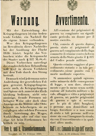 Varování po útěku italských válečných zajatců 16. února 1916 prosící rakouské obyvatelstvo, aby jim nepomáhalo (rytina od Anonymous Anonymous