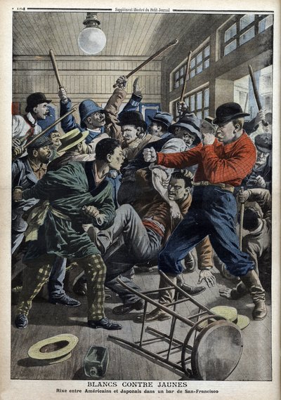 Bílá vs. Žlutá: Američtí a Japonci v baru v San Franciscu (problémy kvůli vyloučení japonských dětí z amerických škol), ilustrace z „“Le Petity Journal““ z 9. června od Anonymous Anonymous