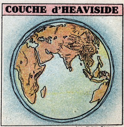 Bezdrátová telegrafie: Heaviside vrstva, vrstva zemské atmosféry obsahující elektrony, má víceméně volný stav. Anonymní ilustrace z roku 1925. Soukromá sbírka. od Anonymous Anonymous
