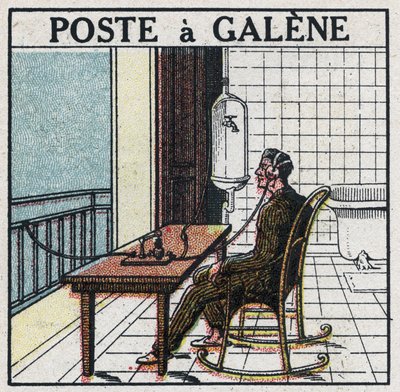 Bezdrátová telefonie: radiostanice v galénu. Anonymní ilustrace z roku 1925. Soukromá sbírka. od Anonymous Anonymous