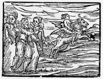 Čarodějnice na koze - “” Compendium Maleficarum””, pojednává o čarodějnicích, jejich zlu a jejich údělech od Francesca Maria Guazzo nebo Guaccia nebo Guaccia (15?? -16??) Soukromá sbírka 1608 od Anonymous Anonymous
