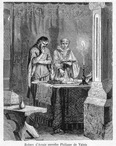 Čarodějnictví a černá magie: „“ Lord Robert III. z Artois (1287-1342) okouzlující Jana z Valois (Jan II., známý jako Jan Dobrý), syna krále Filipa VI., na voskové panence k jeho obrazu (voodoo) od Anonymous Anonymous