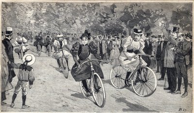 Ženský závod velocipedistek v Bois de Boulogne u Paříže. Rytina v „“Le Petit Parisien““ dne 25.6.1893. od Anonymous Anonymous