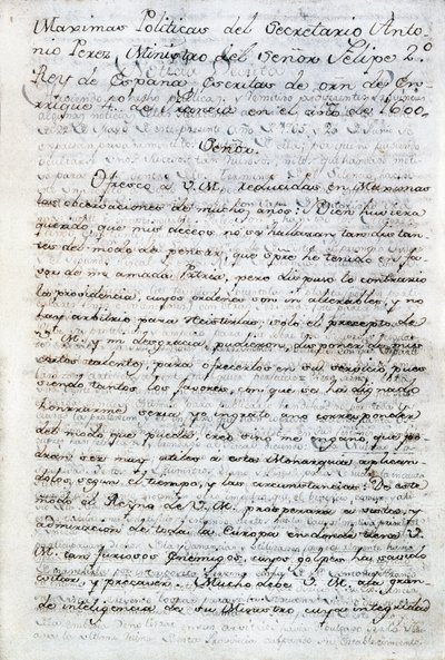Politické spisy Antonia Pereze (1540-1611). Španělský politický tajemník španělského krále Filipa II. Ekvádor, Quito. Politická knihovna Ekvádoru Aurelia Espinosy od Anonymous Anonymous