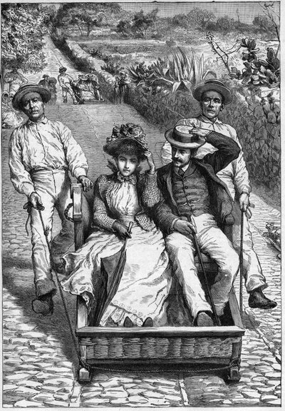 carros de cesto na Madeiře 1893 - Les corinhos (carrieros) a Madeira (Madeira) - muži navádějící sedadlo na dvou místech na ruletě (un corinho). rytina v ""cestovatelském deníku""" 1893 od Anonymous Anonymous