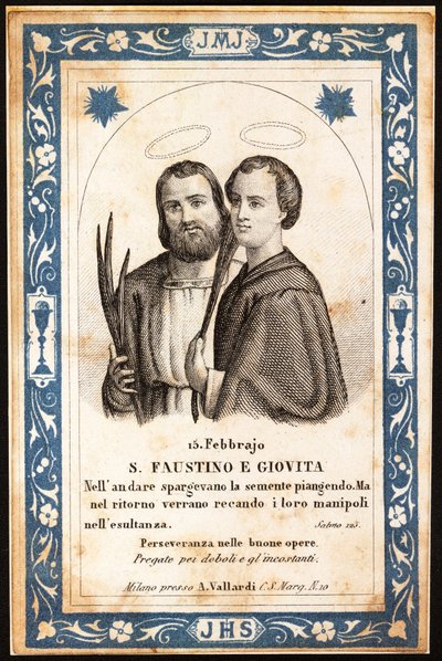 mučedníci svatý Faustin a svatý Jovite zbožný obraz. Pohlednice. Počátek 20. století. Soukromá sbírka od Anonymous Anonymous