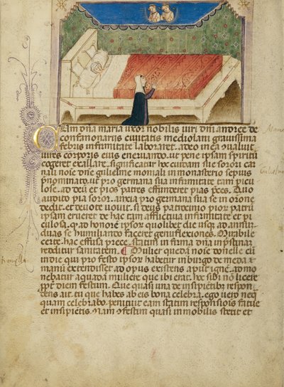 Sestra Guliema se modlí ke svatým Aimo a Vermondo za svou nemocnou sestru Marii, manželku Andrease de Confalonieri z Milána od Anovelo da Imbonate