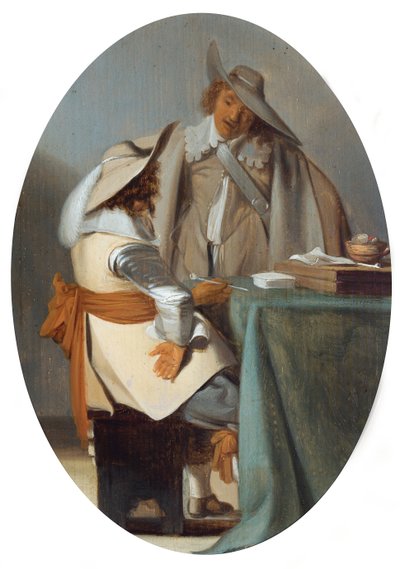 Dva muži v rozhovoru u stolu (olej na desce) od Anthonie (1601-73) (attr.to) Palamedesz